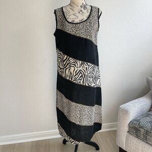 Earth song Womens Midi‎ Dress 8 Asymmetrical Animal Print Linen Vtg sleeveless